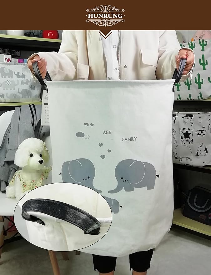 HUNRUNG Laundry Hamper,Large Canvas Fabric Lightweight Storage Basket Toy Organizer Dirty Clothes Collapsible Waterproof for College Dorms, Children Bedroom,Bathroom???Round-Family Elephants???