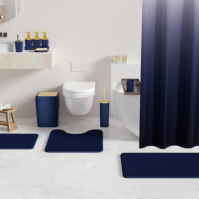 Bathroom Set - 27PC Bathroom Sets with Shower Curtain and Rugs, Blue Bathroom Set, Blue Bathroom Accessories Set with Push-lid Trash Can, Toilet Brush & Soap Dispensers