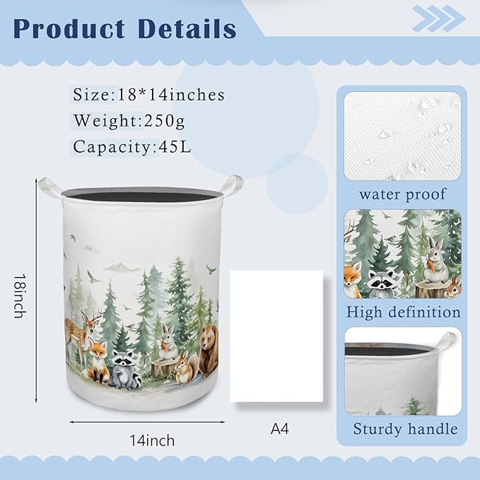 Animal Forest Nursery Laundry Basket Hamper,Forest Nursery Decor, Animals Foldable Clothes Toys Books Storage Box Bins Baskets Organizer for Girls Boys Bedroom Bathroom,