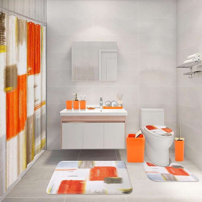 XLHOMO Bathroom Set - Orange Bathroom Accessories Set, Bathroom Sets with Shower Curtain and Rugs, Orange Shower Curtain Set with Bathroom Trash Can, Soap Dispenser, Soap Dish for Home Decor