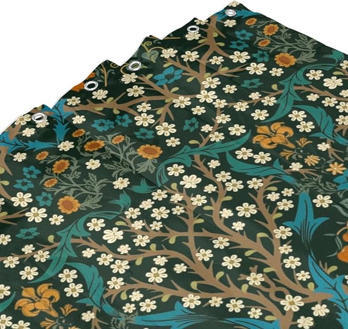 Mid Century Vintage Daisy Fabric Shower Curtain,Green Garden Flower William Morris Abstract Art Hotel Quality,Machine Washable,84L x72W for Bathroom.