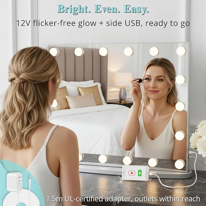LUXFURNI Hollywood Glamour Vanity Mirror with 4 Extra Bottom Bulbs | Shadow-Free, Perfect Makeup View | Desk & Wall Mountable | 3 Color Modes for Office, Outdoor, Party Looks | USB Charging