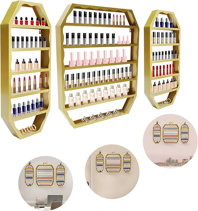 Wall Mounted Nail Polish Organizer,Nail Polish Bottle Holder,Perfumes Lipsticks Vases Display Rack,6 Tiers Octagonal Storage Rack for Homes, Nail Salons, Spas, Stores (Gold)