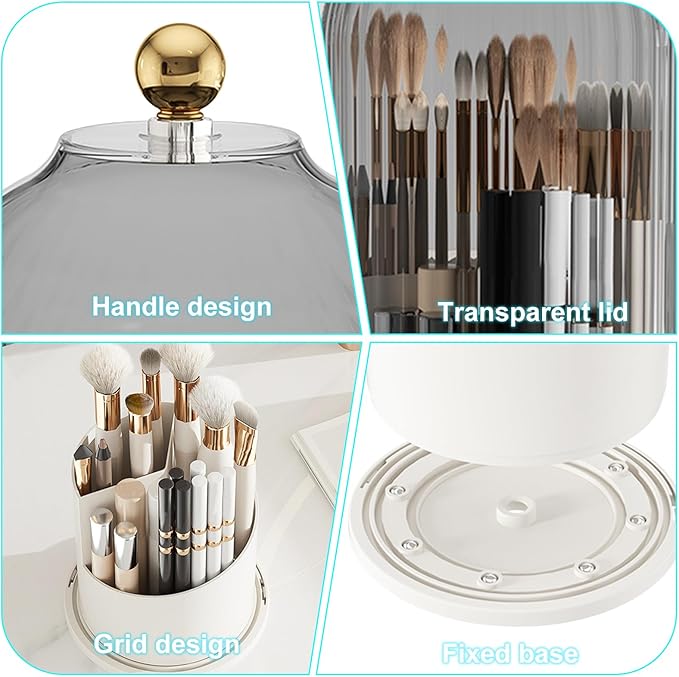 Qivine Makeup Brush Holder with Lid, 360° Rotating Brush Holder with Lid for Countertop, Cosmetics Makeup Brush Organizer with Lid for Bedroom, Dustproof Makeup Brush Holder for Vanity (White)