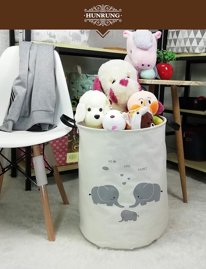 HUNRUNG Laundry Hamper,Large Canvas Fabric Lightweight Storage Basket Toy Organizer Dirty Clothes Collapsible Waterproof for College Dorms, Children Bedroom,Bathroom???Round-Family Elephants???