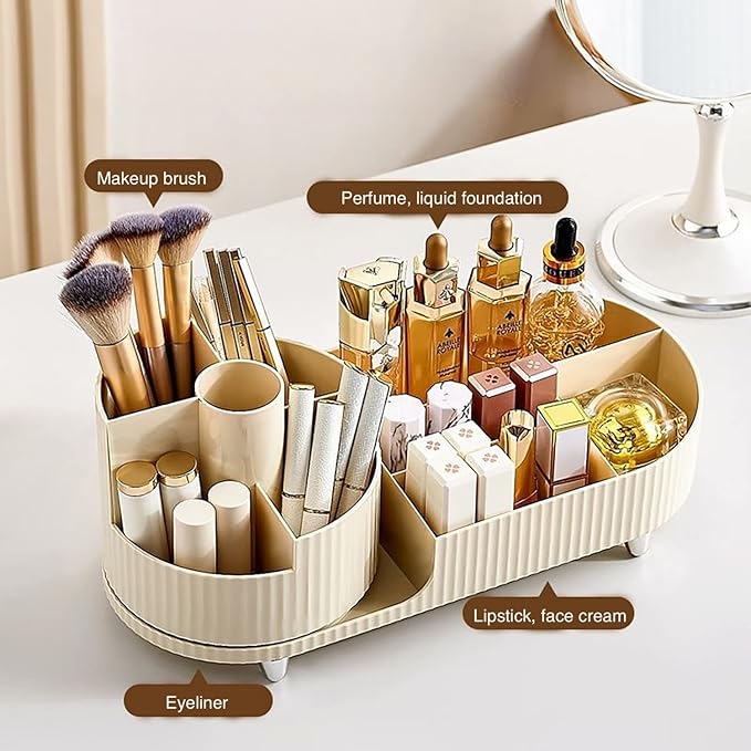 Rotating makeup organizer,Large Capacity Cosmetic Display Case, easy to hold all of your makeup products, at least 20 makeup brushes/eyeliner,10 lipsticks,8 skincare products(Ivory)