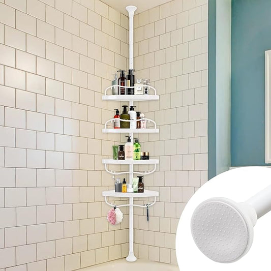 Corner Shower Caddy Tension Pole, Rustproof Bathtub Storage Organizer with 4 Adjustable Shelves, Bathroom Shower Rack Shampoo Holders for Inside Shower, 40"-120" Floor to Ceiling Shower Caddy White