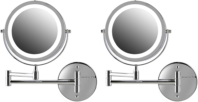 OVENTE 6.8" Lighted Wall Mount Makeup Mirror, 1X & 7X Magnifier, Adjustable Double Sided Round LED, Extend, Retractable & Folding Arm, Compact & Cordless, Battery Powered Polished Chrome MFW70CH1X7X