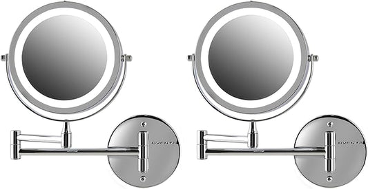 OVENTE 6.8" Lighted Wall Mount Makeup Mirror, 1X & 7X Magnifier, Adjustable Double Sided Round LED, Extend, Retractable & Folding Arm, Compact & Cordless, Battery Powered Polished Chrome MFW70CH1X7X