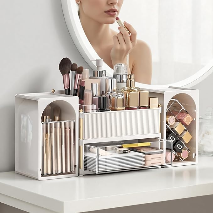 Makeup Organizer for Vanity with Brush Holder, Large Bathroom Countertop Cosmetic Organizer Skin Care Storage, Easy to Store Lipsticks, Nail Polishes, Perfumes (White+Transparent)