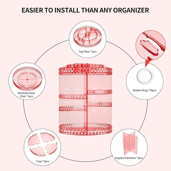 360 Rotating Makeup Organizer,DIY Adjustable Cosmetics Organizer[Patented Product],Professional Acrylic Make Up Caddy Shelf Storage Perfume,Lipsticks,Makeup Brushes or Accessories (Pink)