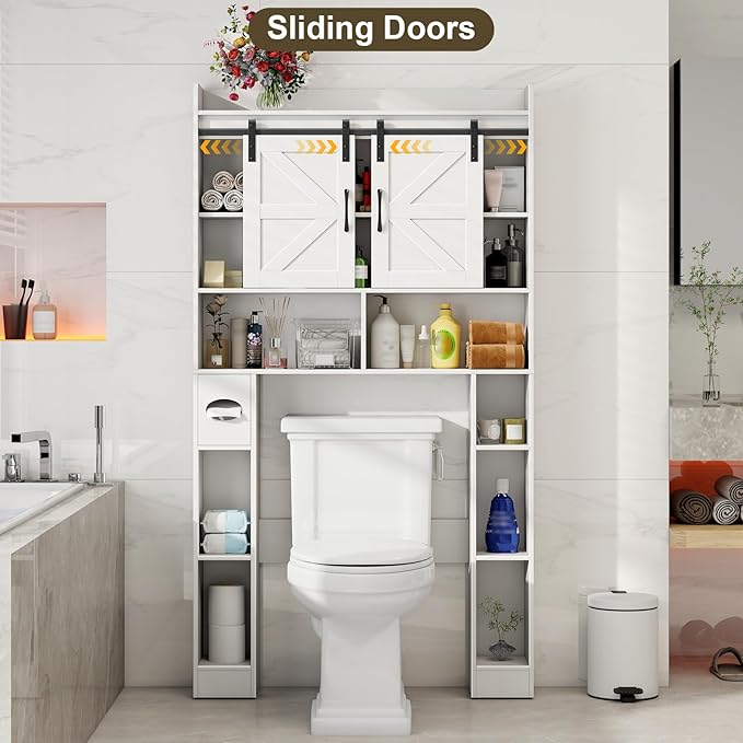 Vabches Farmhouse Storage Cabinet Over Toilet with Sliding Doors, Home Space-Saving Toilet Rack, Over The Toilet Storage Cabinet, Open Storage Shelf, for Bathroom, Laundry, Restroom.White