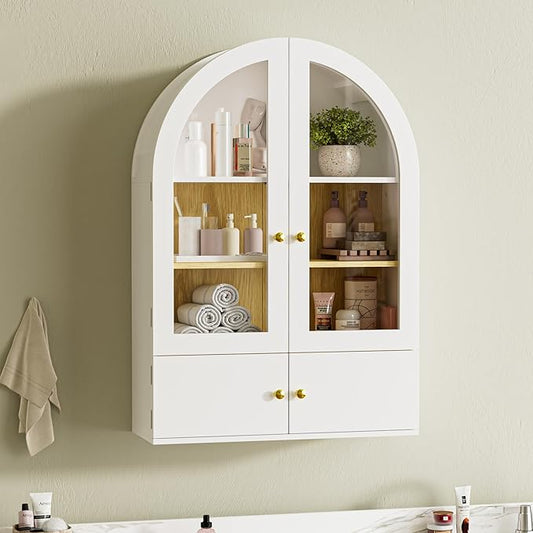 BREEZEHEAT Arched Medicine Cabinet with Extra Storage, Glass Doors & Adjustable Shelf -Wall Mounted Over Toilet Cabinet for Bathroom, Kitchen, Laundry Room, Smooth Glossy White, 23.6x33.5 Inch