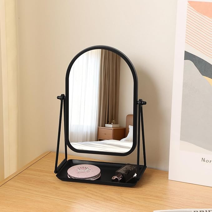 Desk Table Mirror Black Arch Desktop Vanity Mirror Iron Frame Make up Mirrors with 360 Degree Swivel Countertop Mirrors for Dressing Room Bathroom Bedroom Apartment