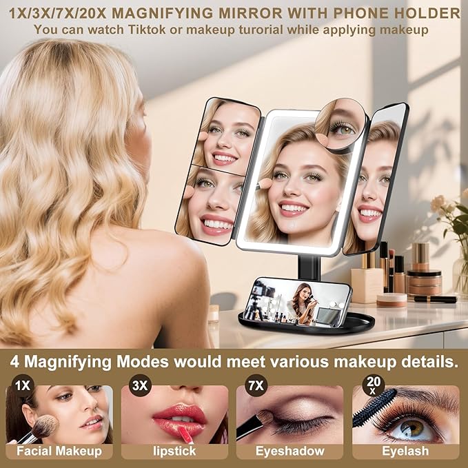 Mocado Makeup Mirror with Lights, 20X/7X/3X Magnifying Mirror with Light,Rechargeable & Height Adjustable Lighted Makeup Mirror,Vanity Mirror with 3 Colors Lights,Detachable Design for Travel(Black)
