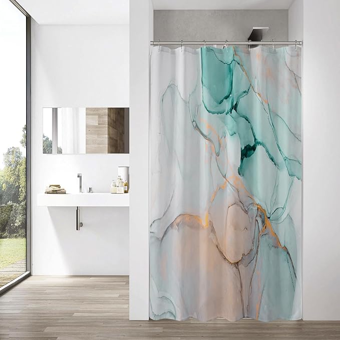 Gibelle Small Stall Shower Curtain 36 x 72, Narrow Half Abstract Grey Teal Marble Shower Curtain, Modern Ink Art Waterproof Fabric Shower Curtain Set with Hooks