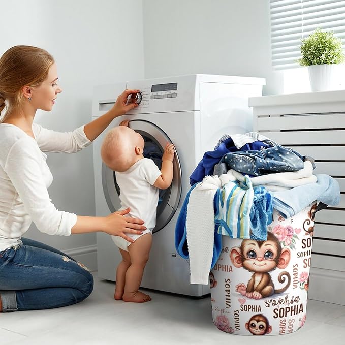 Custom Monkey Laundry Baskets, Personalized Monkey Gifts, Collapsible Laundry Hamper with Name for Kids Adults Home Decoration