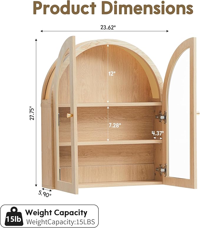 Wall Bathroom Cabinet with Glass Doors, Wood Medicine Cabinet with Adjustable Shelf, Arched Hanging Cabinet for Bathroom, Livingroom, Kitchen (Natural)