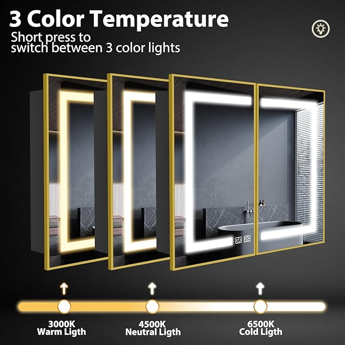 ROOMTEC Lighted Medicine Cabinet with Mirror 40"x32", Wall Mounted Bathroom Mirror with Storage, 2 Doors Bathroom Wall Cabinet with LED Lights,Gold