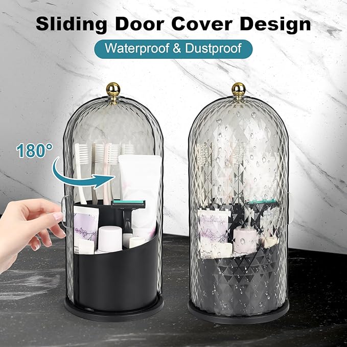 QIYVLOS Toothbrush Holders with Sliding Lid, Rotating 3 Slots Bathroom Organizer Countertop, Tooth Brush Toothpaste Holder Bathroom Counter Stand Caddy for Vanity Makeup Brushes Holder (Black)
