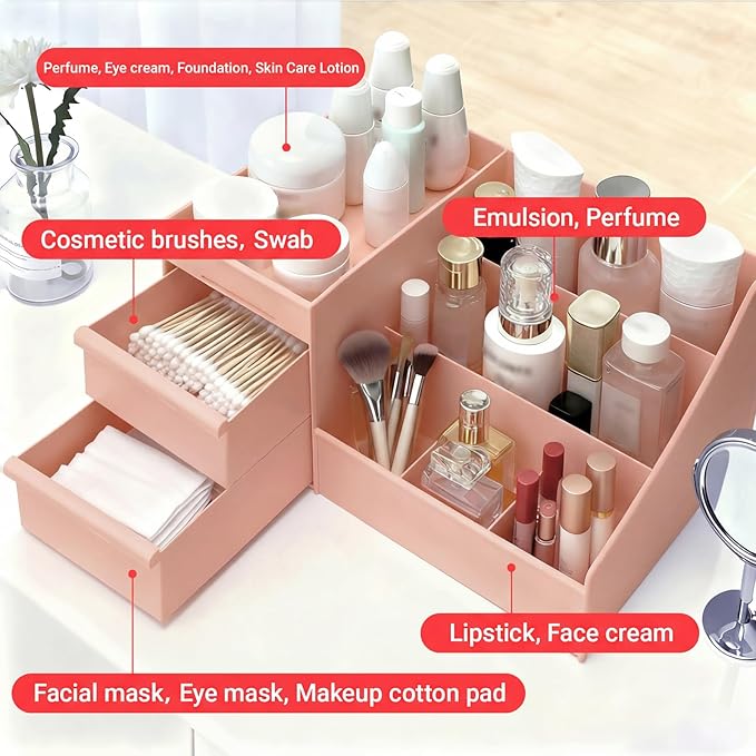 Makeup Organizer with Drawers, Cosmetic Organizer for Vanity Dresser Bathroom Countertop, Large CapacityOrganizer for Skincare, Lipstick, Palettes (Pink-2 Pack)