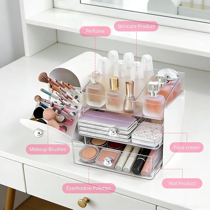 Makeup Organizer with Brush Holder, Large Cosmetic Storage with 2 Drawers, Skincare Organizer for Bathroom Countertop, Vanity Organizer for Lipstick, Perfume, Nail Polish, Beauty Gifts (White)
