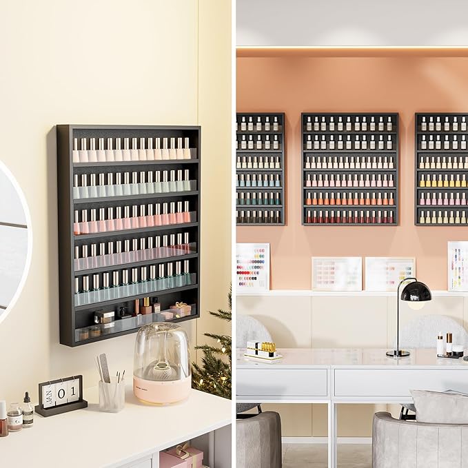 OmySalon Nail Polish Organizer Wall Mount - Holds 120+ Bottles with Acrylic Barrier, Salon Display Rack for Home Spa & Nail Studio - Assembly Required, Wooden Polish Storage (Black, 6-Tier)