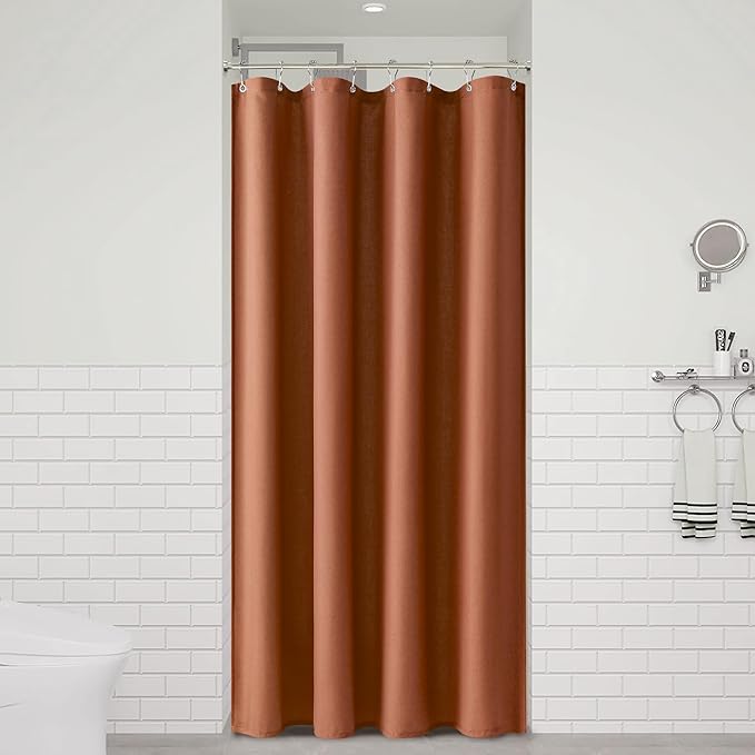 Naturoom Terracotta 42 Inch Boho Shower Curtain - Stall Narrow Half Linen Ultra Thick Fabric Shower Curtain Set with Hooks, Farmhouse Rustic RV Camper Bath Curtains for Bathroom, 42x72
