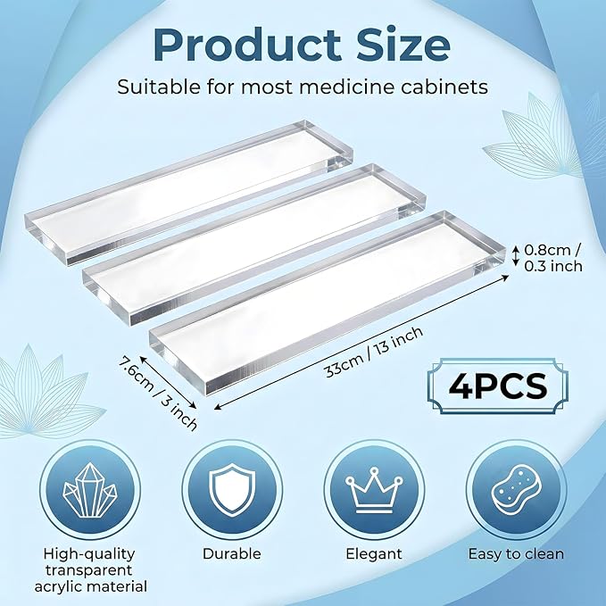 4 Pcs Medicine Cabinet Replacement Shelves, 13 Inch Acrylic Cabinets Shelves Wall-Mounted Medicine Cabinet Shelves for Bathroom Kitchen Living Room Cabinets