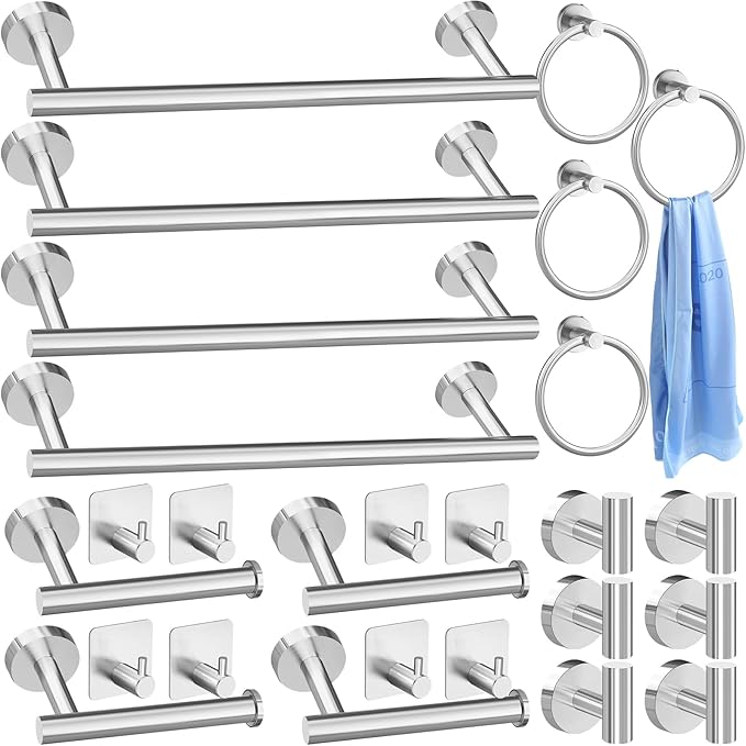 Blulu 28 Pcs Bathroom Hardware Set Stainless Steel Bathroom Accessories Set, Including 16'' Bath Towel Bar, Towel Rings, Robe Hooks, Toilet Paper Holders, Wall Mounted (Silver)