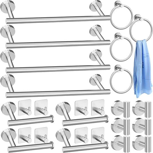 Blulu 28 Pcs Bathroom Hardware Set Stainless Steel Bathroom Accessories Set, Including 16'' Bath Towel Bar, Towel Rings, Robe Hooks, Toilet Paper Holders, Wall Mounted (Silver)
