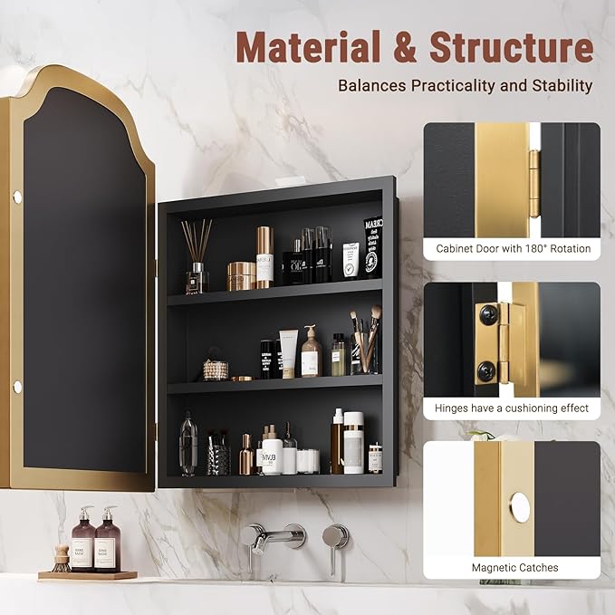 20x30 Inch Medicine Cabinet - Surface Mount or Recessed Bathroom Mirror Cabinet with Storage, Metal Framed, Sturdy & Easy Installation（Gold）