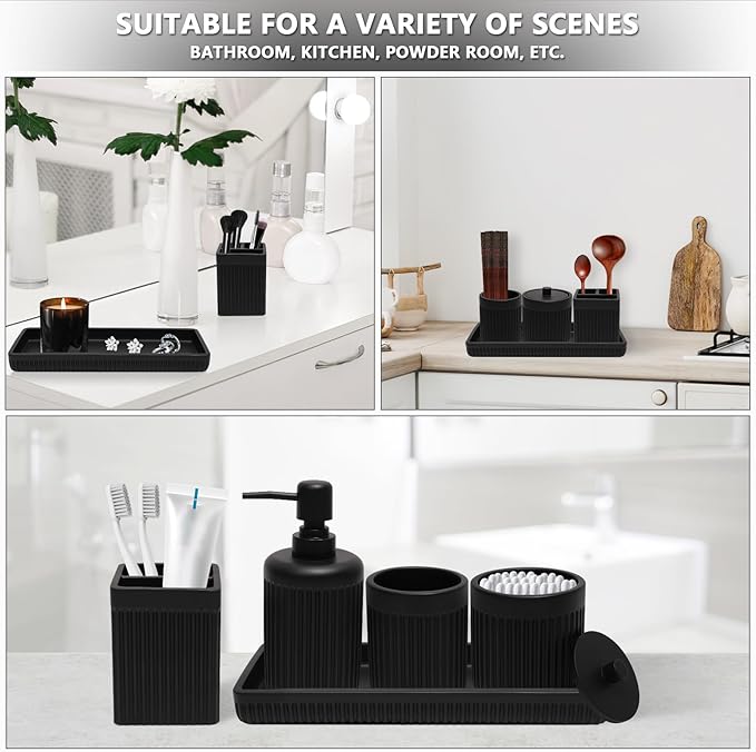 XLHOMO Resin Matte Black Bathroom Accessories Set 5 Pcs, Lotion Soap Dispenser, Toothbrush Holder, Bathroom Tumbler, Qtip Holder and Vanity Tray, Bathroom Countertop Organizer Set for Home Apartment