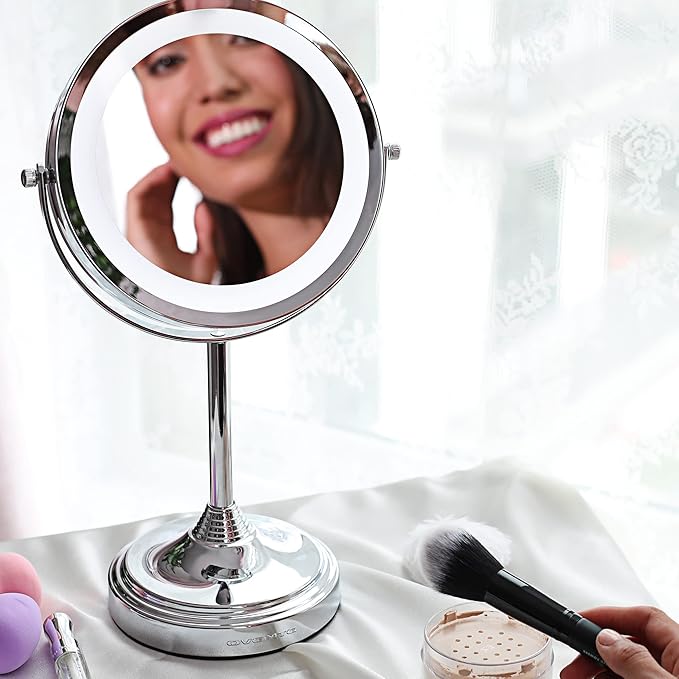 OVENTE 7'' Lighted Tabletop Makeup Mirror, 1X & 7X Magnifier, Spinning Double Sided Round LED, Great for Vanity, Bath, & Bedroom, Battery Powered, Polished Chrome MCT70CH1X7X (Pack of 2)