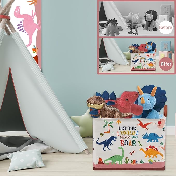 Dinosaur Room Decor Basket for Boys, 36L Volcano Baby Laundry Basket Leaf Cactus Kid Storage Bin Rectangular Collapsible Clothes Book Toy Bin for Boy,Pink Easter Gift