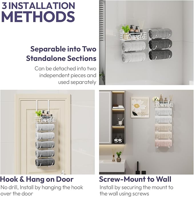SWTYMIKI Hanging Towel Racks for Bathroom - 6 Tier Over The Door & Wall Mounted Bath Rolled Towel Storage Organizer Holder for Small Bathroom, RV, Camper, White (Patented)