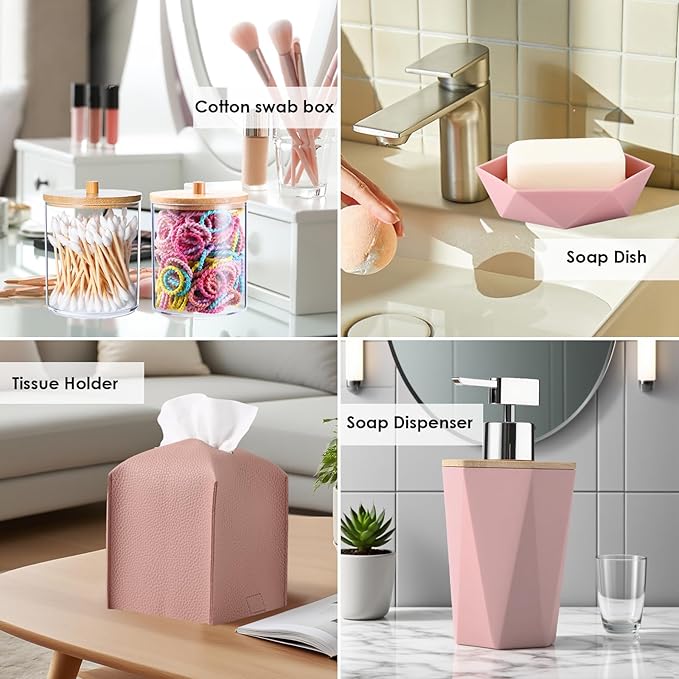Pink Bathroom Accessories Set, 10 Pieces Bamboo Bathroom Set with Trash Can, Tray, Soap Dispenser, Soap Dish, Toothbrush Holder, Toothbrush Cup, Tissue Holder, Toilet Brush and Qtip Holders