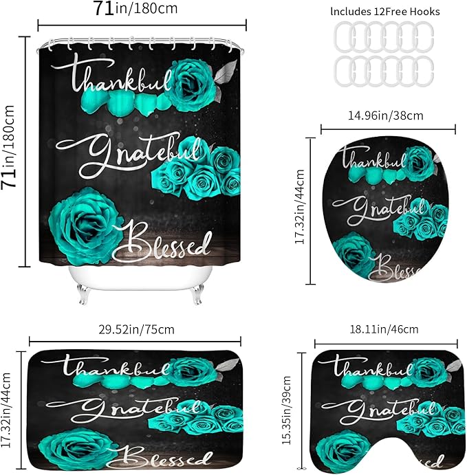 Onalasyc 4Pcs Green Rose Shower Curtain Set with Rugs Waterproof Bathroom Sets with Shower Curtain and Rugs Romantic Rose Floral, Thankful Grateful Blessed Bathroom Curtains Shower Set,with 12 Hooks