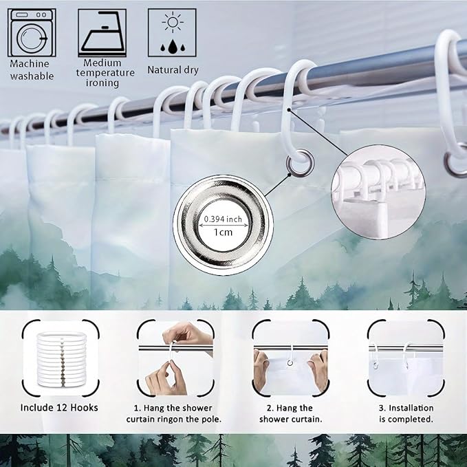 Dreamrflove Forest Mountain Shower Curtain DarkGreen Nature Misty Pine Rustic Bathroom Decorative Tree Bathroom Decor 72x72 Inch Waterproof Polyester