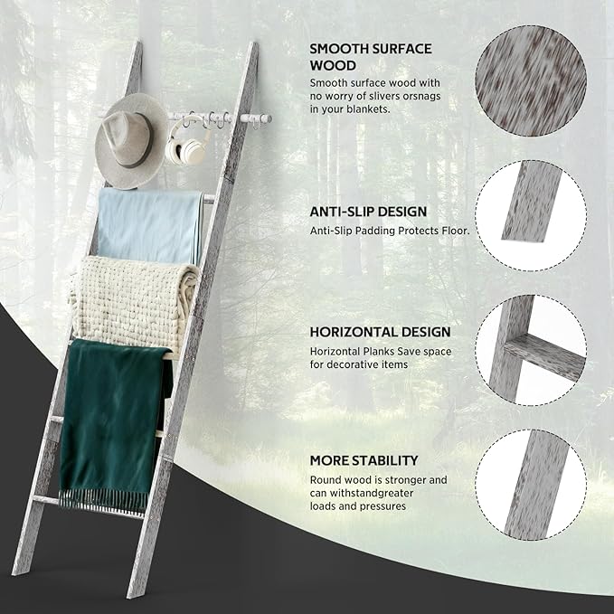 Farmhouse Wooden Blanket Ladder Living Room with Removable Hooks, 6-Tier Blanket Rack Decorative Stand, Leaning Towel Quilt Rack Holder for Bathroom Decor Rustic White