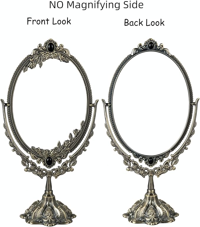 Feyarl 15 inch Vintage Makeup Mirror Floral Tabletop Oval Vanity Mirror with Stand Dressing Room Swivel Double Sided Elegant Decorative Mirror Embossed Frame