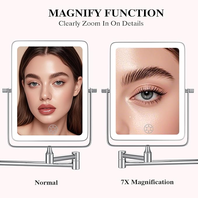 Wall Mounted Lighted Makeup Mirror, Rectangle Double Sided 1X/7X Magnifying Bathroom Height Adjustable Mirror, Rechargeable 3 Color and Dimmable Lights, Extended Arm 360 Rotation Shaving Vanity Mirror