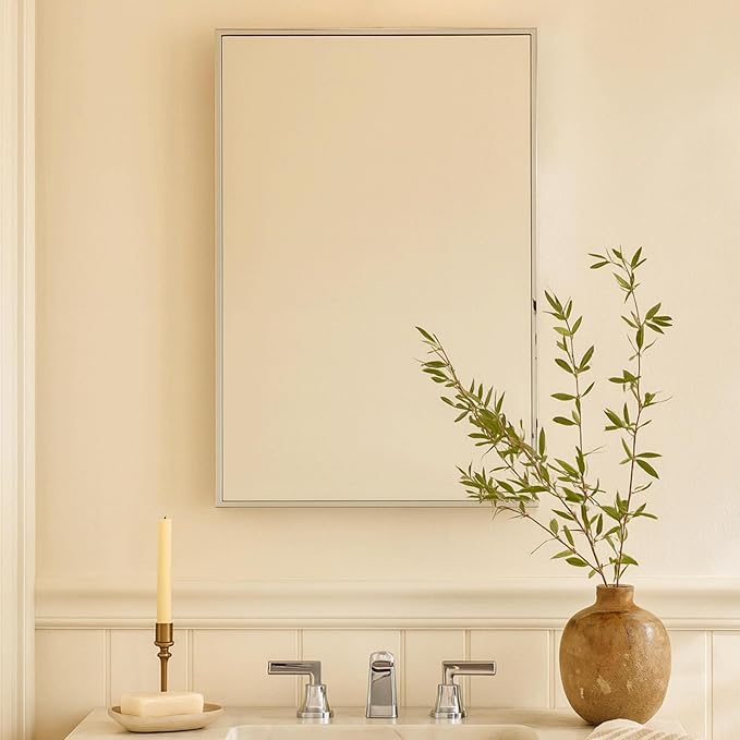 TEHOME 24'' x 30'' Polished Nickel Recessed and Surface Mount Bathroom Medicine Cabinet with Mirror Square Cornered Metal Framed Rounded Rectangle Medicine Cabinet Mirror