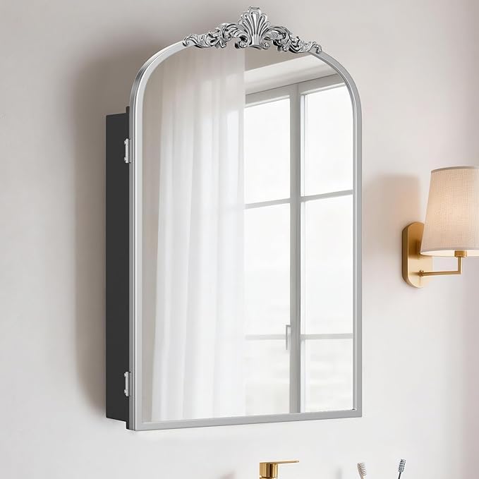 SogesHome Retro Arched Wall Mount Bathroom Mirror Cabinet with 3-Tier Storage, 15.7 x 23.6 Inch Elegant Decoration Medicine Cabinet with Removable Shelves, Farmhouse Vanity Organizer, Silver