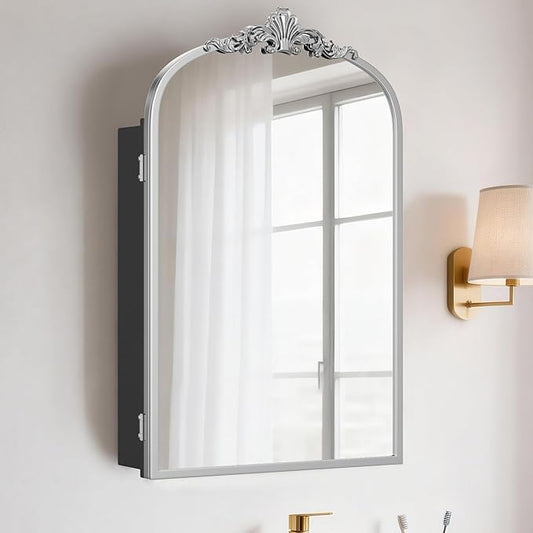 SogesHome Retro Arched Wall Mount Bathroom Mirror Cabinet with 3-Tier Storage, 15.7 x 23.6 Inch Elegant Decoration Medicine Cabinet with Removable Shelves, Farmhouse Vanity Organizer, Silver