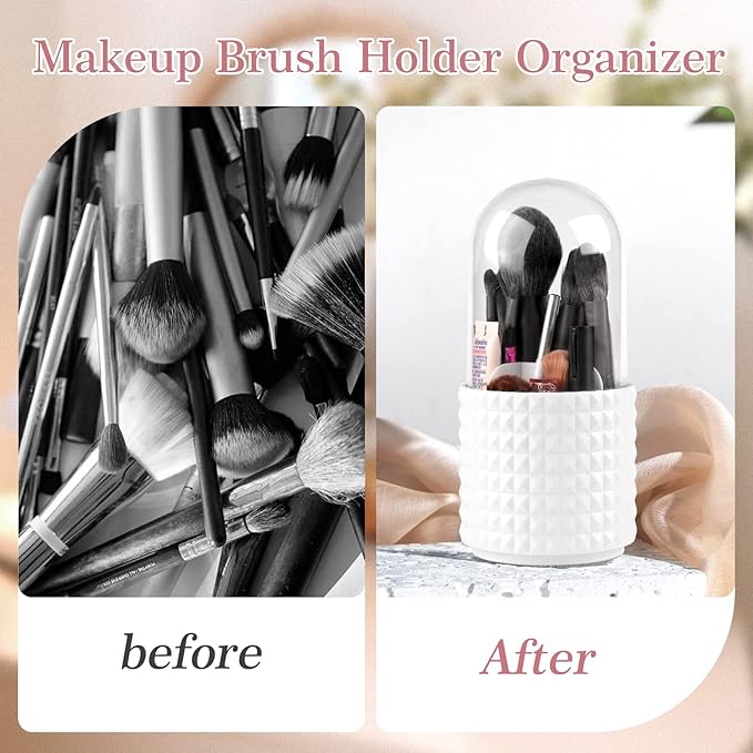 Makeup Brush Holder with Lid 360 Degree Rotating Makeup Storage Organizer Dustproof Cosmetics Organizer for Vanity and Bathroom Countertop
