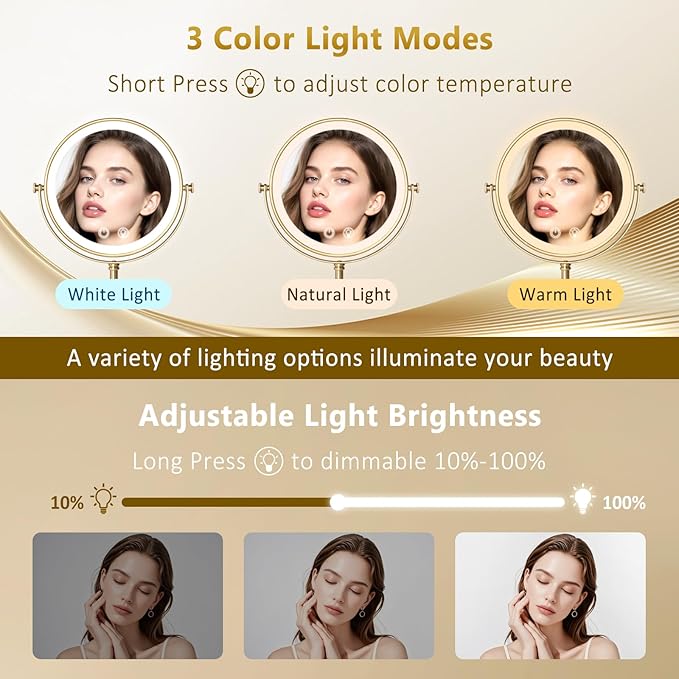 Lighted Makeup Mirror,4000mAh Rechargeable Double Sided Magnifying Mirror 1x/10x with 3 ColorsStepless Dimming, 360° Rotation Vanity Mirror with Lights, Memory Function,Gold
