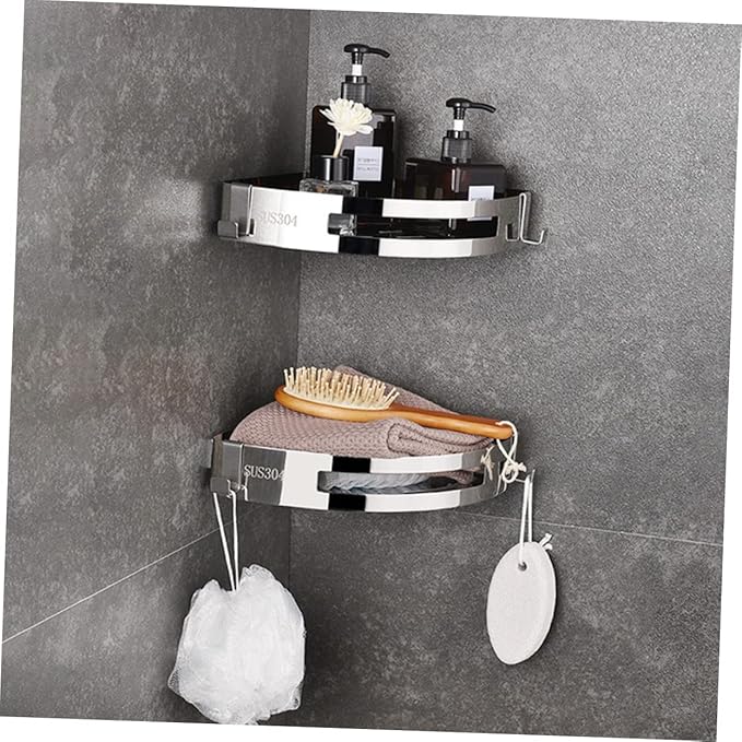 Luxshiny 2pcs Stainless Steel Portable Bathroom Shelf No Drilling Corner Organizer Hooks for Bathroom and Kitchen High Load-bearing Design for Efficient Storage