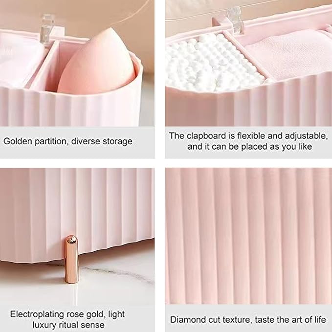Makeup Organiser 3 Compartments Cotton Pad Holder Cotton Swab Dispenser Makeup Container for Dresser Bedroom Bathroom Cosmetic Bags, Pink