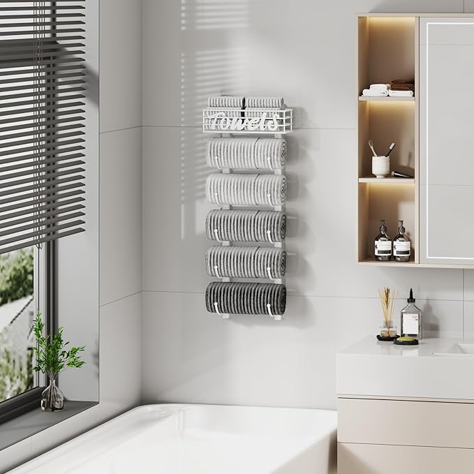 SWTYMIKI Hanging Towel Racks for Bathroom - 6 Tier Over The Door & Wall Mounted Bath Rolled Towel Storage Organizer Holder for Small Bathroom, RV, Camper, White (Patented)